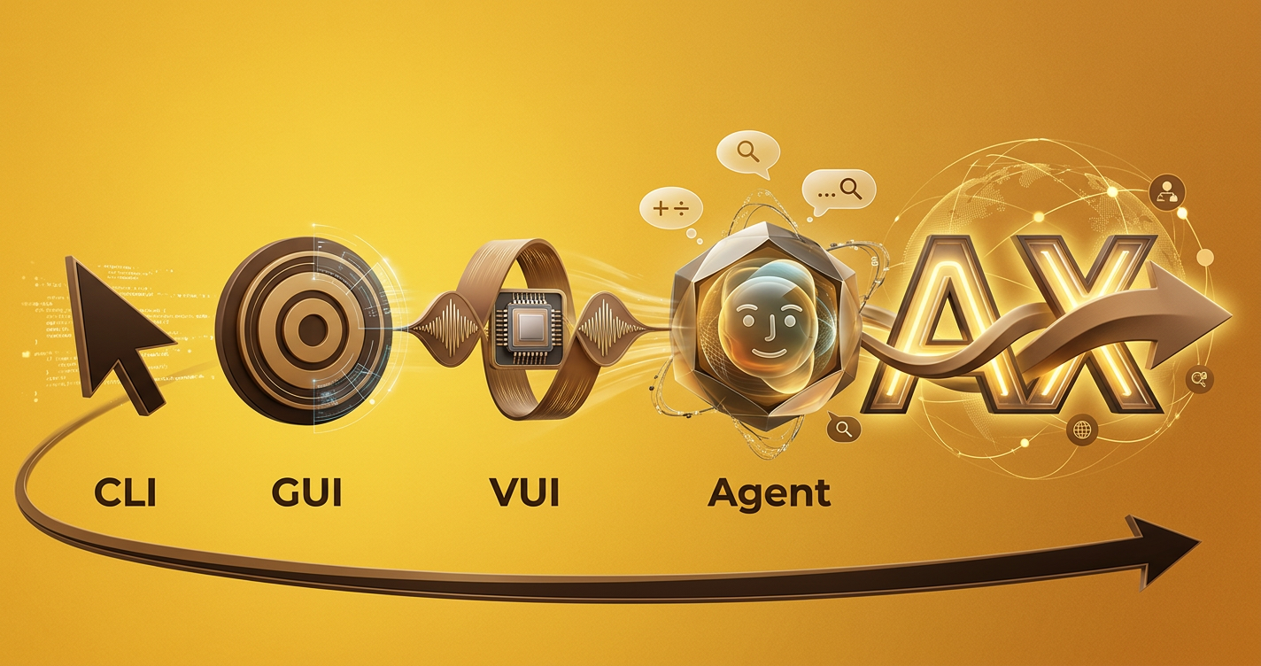 Illustratie: evolutie van interactie — van command line (CLI), naar grafische interface (GUI), naar spraakinterface (VUI), naar AI-agent, uitkomend bij Agentic Experience (AX)