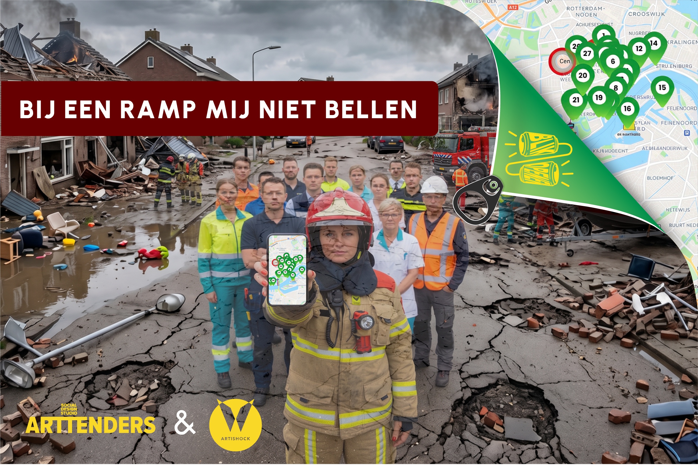 Campagnebeeld 'Bij een ramp: mij niet bellen', met hulpdiensten en bewoners op straat en een kaart met veilige plekken in de buurt