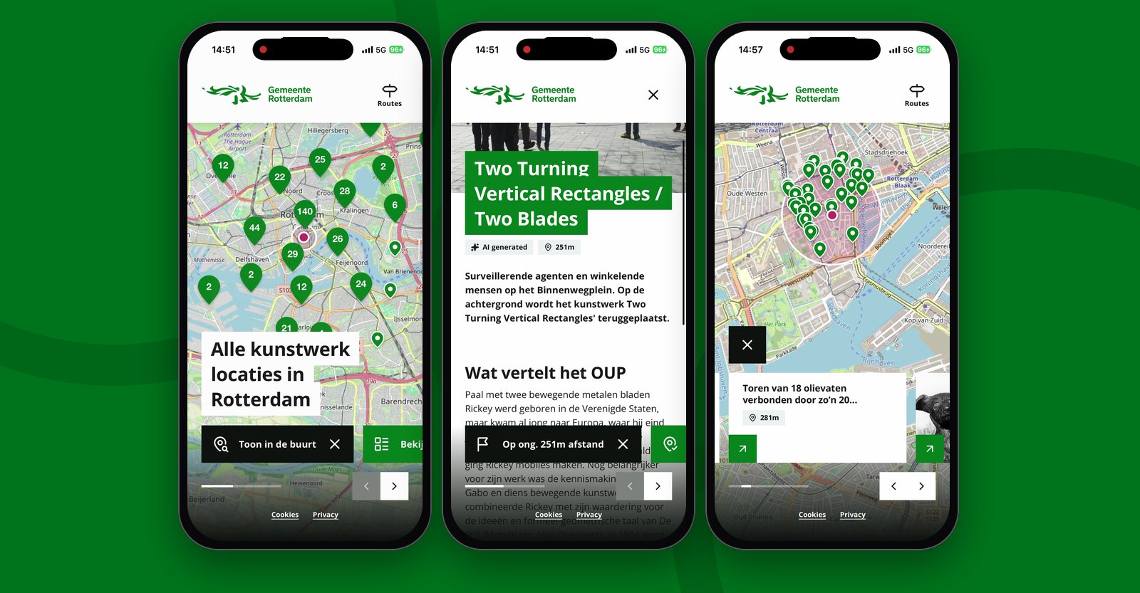 The app on a smartphone: map, object page and nearby objects