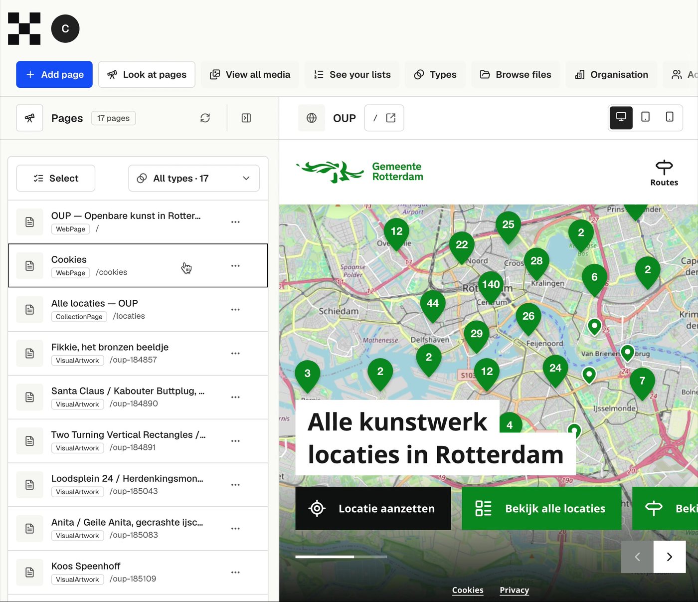 The management environment: managing pages with a live preview of the site beside it